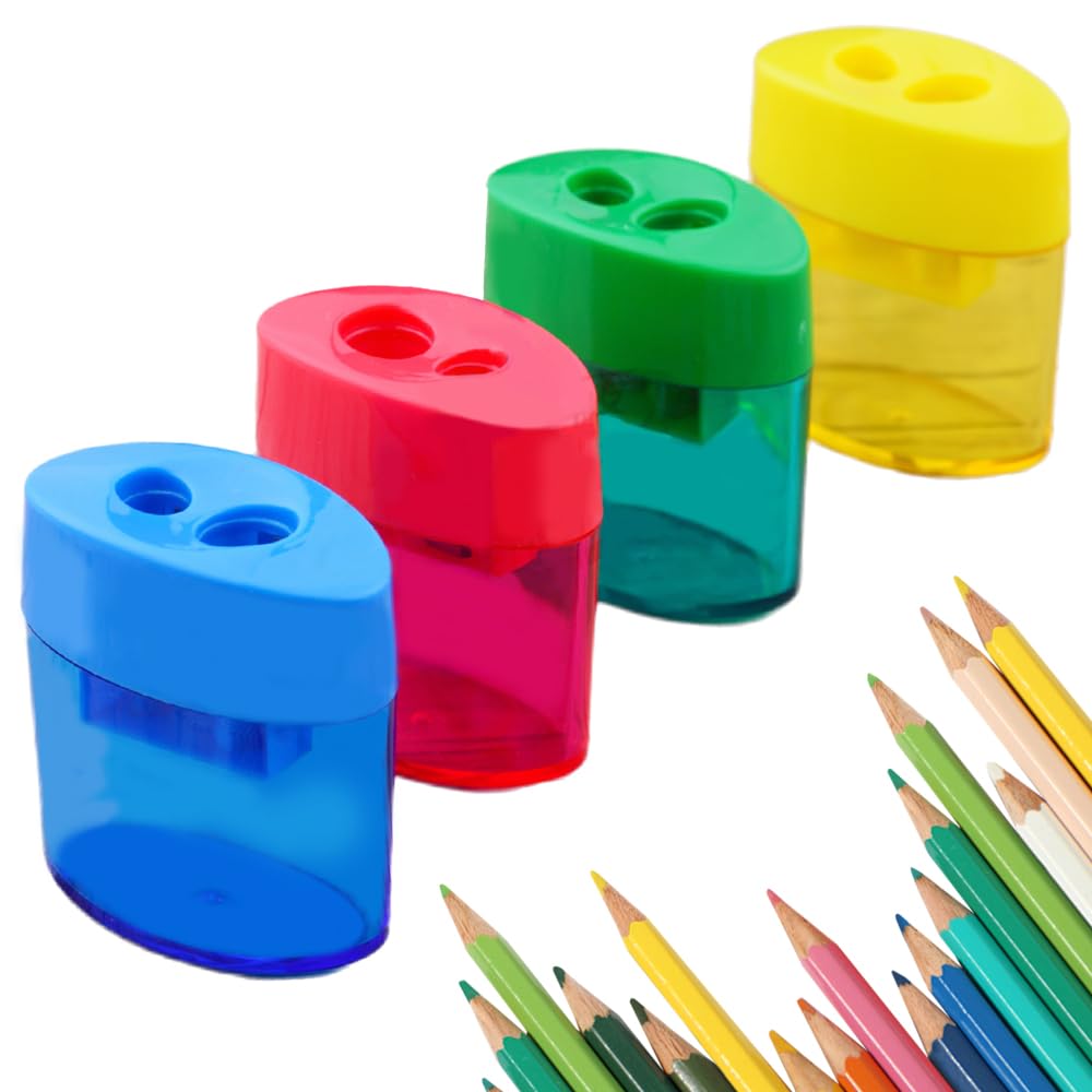4 Pcs Pencil Sharpeners with Lid, Dual Holes Compact Colored Handheld Pencil Sharpener, Colored Handheld Sharpener Suitable for Kids Adults Students School Class Home Office (Ellipse)