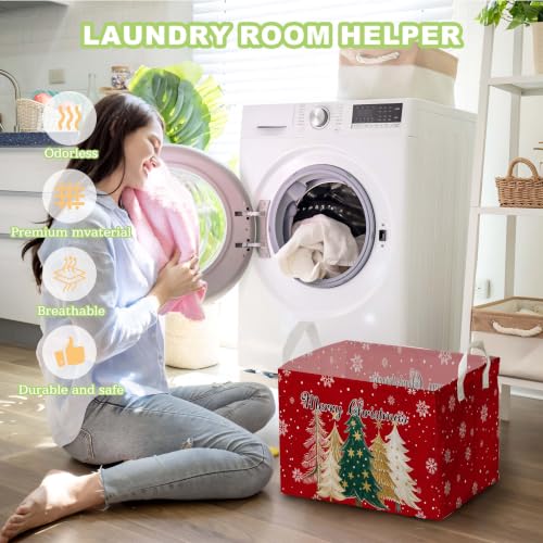 Image of Classic Tree & Snowman Christmas Storage Baskets, Empty Gift Baskets, Xmas Home Decor, Large Square Waterproof Canvas Laundry Hamper With PE Coating, Foldable Toy & Clothes Bins for Bedroom