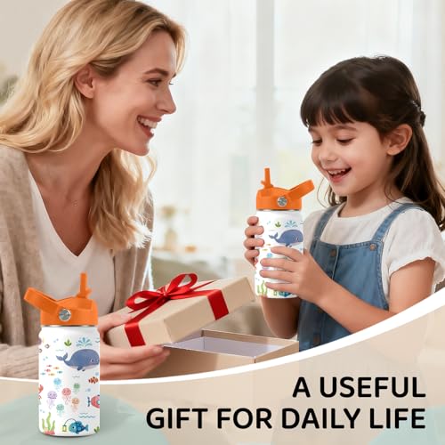 Image of Sea Animal Water Bottle for Daughter, Stainless Steel Insulated Tumbler with Straw Lid and Handle, 12oz Reusable Leak-Proof Bottle for Sports