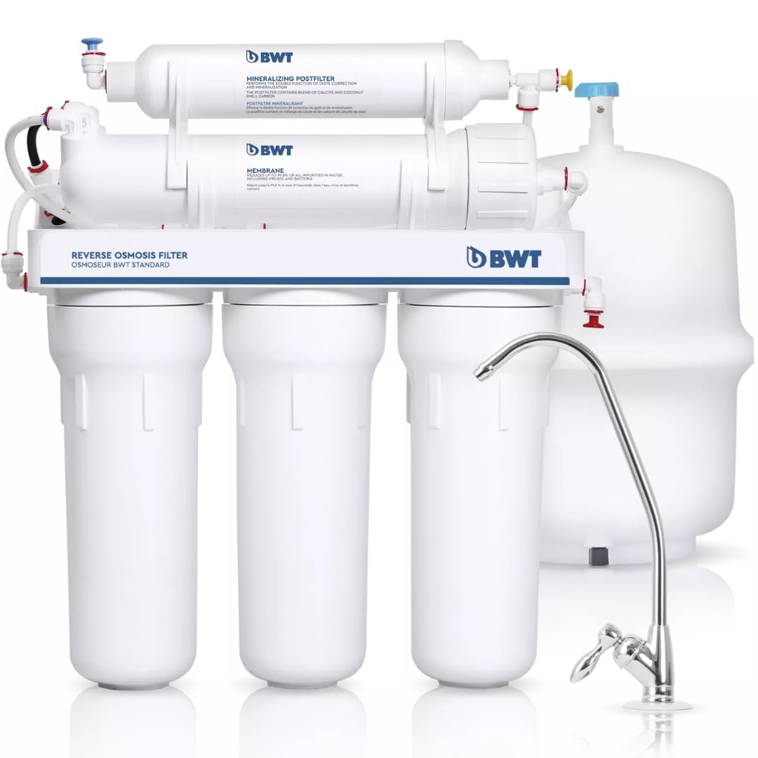 BWT Standard Osmose Inverse Domestique 75 GPD Sans Pompe – Débit de 11,8 L-h – Réservoir de 12 L – 5 étapes avec minéralisation – Taux de récupération de 10-20 purcent – Pression d'entrée de 3-6 bars