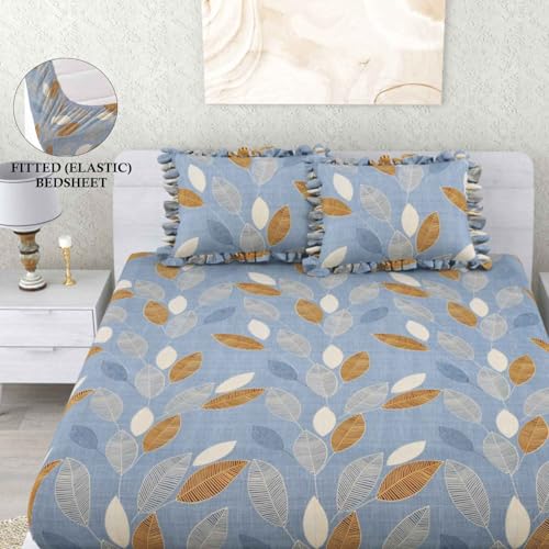 Image of Dream Weaverz- Polycotton Printed Double Bed Size Fitted Elastic Bedsheet,2 Pillow Cover,260 Thread (72 inch x 78 inchx7 inch) Home, Bedroom (Blue-2, King)