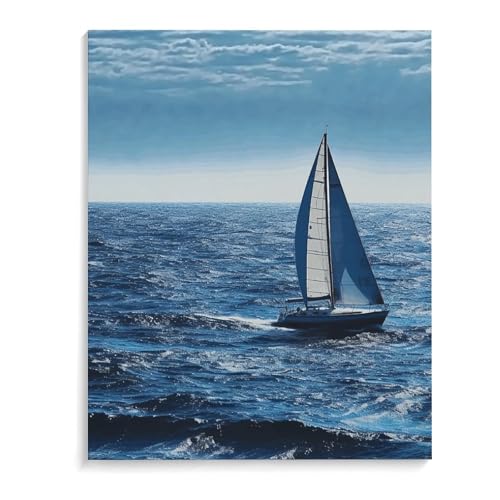 Toile murale voilier bleu déco salon tableau mer coton lin encadré