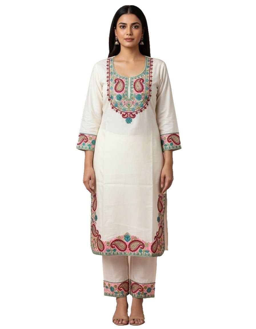 Warm Worth Cotton Rayon Co-ord Set, Kashmiri Aari Embroidery, A-Line Kurti with Pants, Semi Stiched Free Size-image-23