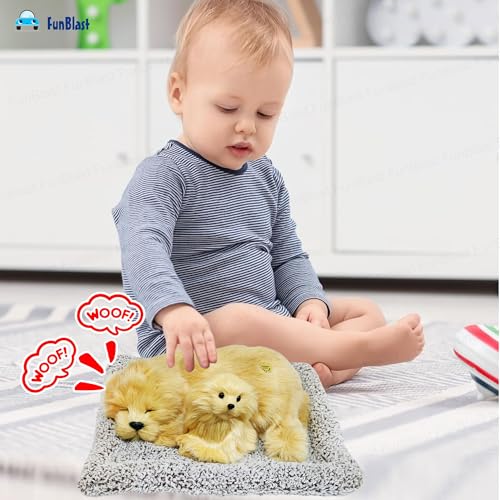 Image of FunBlast Sleeping Cute Dog with Puppy - Realistic Soft & Lifelike Pet Puppy with Bed for Car Dashboard and Home Decor, Sleeping Dog Soft Toy (Light Brown)