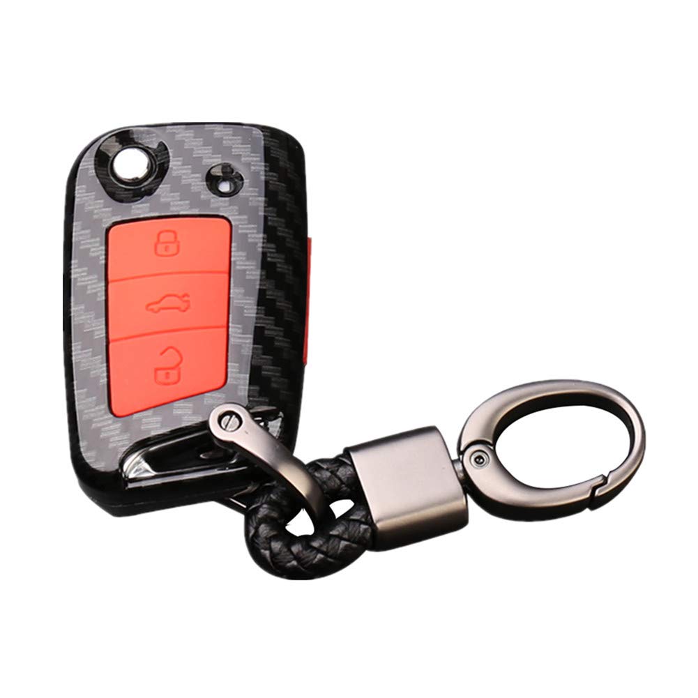 ABS Carbon Fiber Shell+Silicone Car Key Cover Case Keychain for Volkswagen VW Landbeat Passat Tiguan Jetta POLO Bora New Sutton 3 Buttons Remote (Black B+ red)