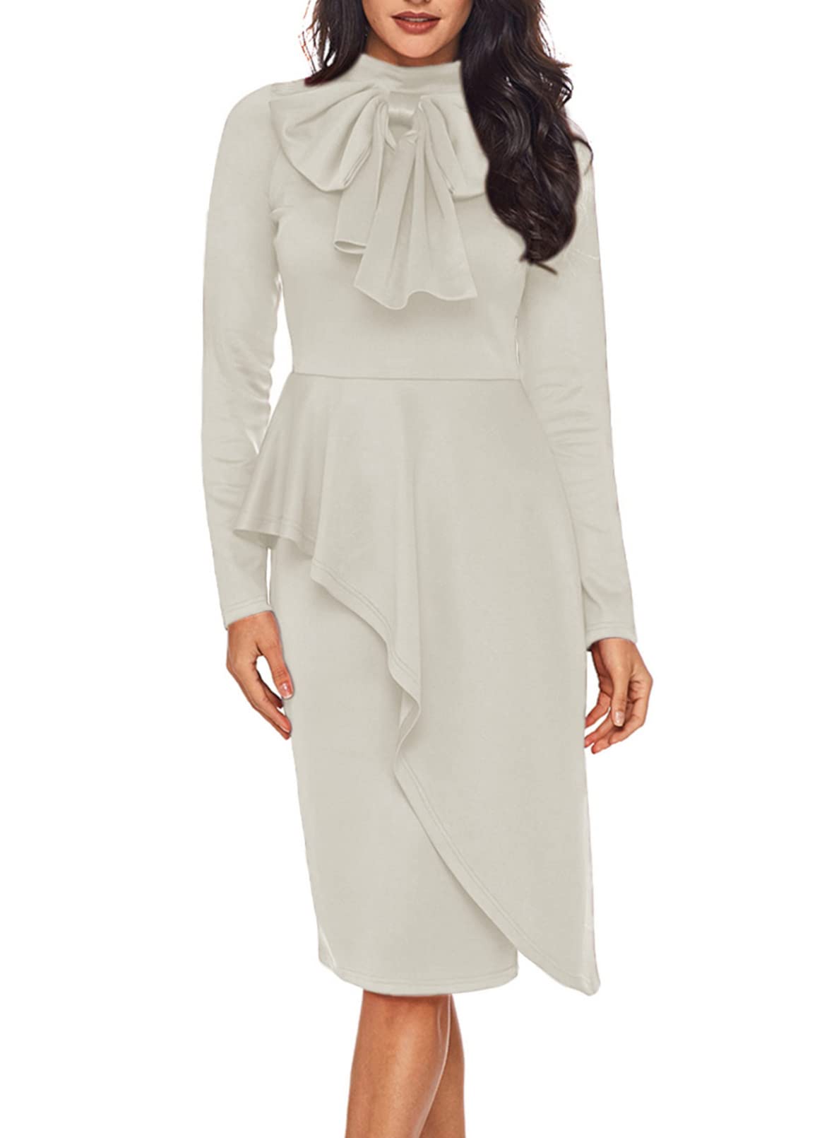 CILKOO Womens Tie Neck Business Midi Dress