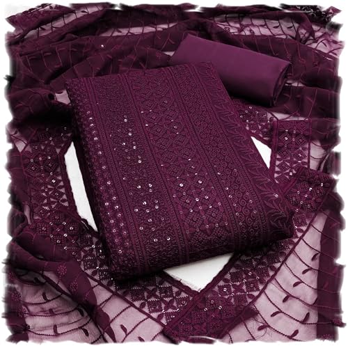 Image of Sidhidata Women's Faux Georgette Full Embroidery Lucknowi Chikankari Schiffli Work Unstitched Salwar Suit Dress Material With Embroidered Dupatta (DM Lucknowi Free Size)