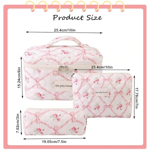 3PCS Cotton Quilted Floral Makeup Bag Set for Women Girls, Cute Make Up Bags with Brush Pockets, Large Wide-Open Toiletry Pouch Gifts for Toiletries Accessories Travelling Essentials2