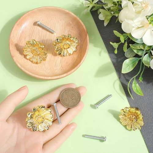 CREATCABIN 4 Set Vintage Gold Flower Drawer Knob Zinc Alloy Drawer Handles with Screw Drawer Pulls Replacement Accessories for Dresser Closet Cupboard Cabinet Door Knobs Kitchen Supplies 1.3x0.8in - Image 3