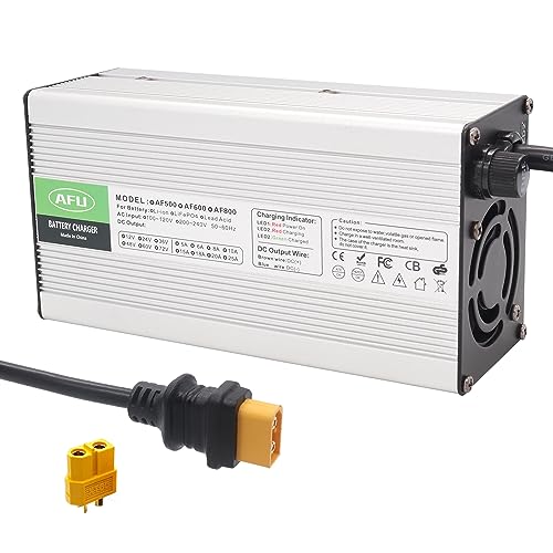 50.4V 10A Lithium Charger Multiple Protection Silver Aluminum Case for 12S 44.4V Lithium Battery DC XT60 Male Connector