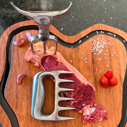 Garfo Tridente e Garra Urso Alumínio Premium para Churrasco e Carnes Base Madeira