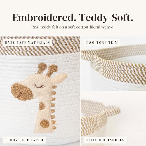 Image of Giraffe Baby Storage Basket, Woven Cotton Rope Nursery Bin, 15x11 in | Stuffed Animal and Blanket Storage, Soft Felt Giraffe Patch, Safari Nursery Decor, Baby Shower, Kids Playroom Organizer