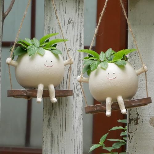 Xzunk 2 Pcs Swing Hanging Planters for Indoor Plants Swinging Plant Pot Face Hanging Flower Pots Resin Head Planter for Outdoor Succulents Gift Ideas for Mother