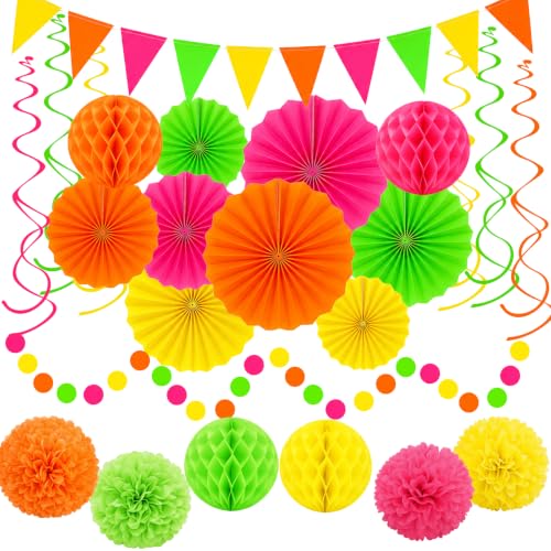 Image of 24 Pcs Neon Party Decorations Glow in the Dark Party Supplies | UV reactive fluorescent paper in pink, orange, yellow and green; paper fans, pom poms, honeycomb balls, banner and garland