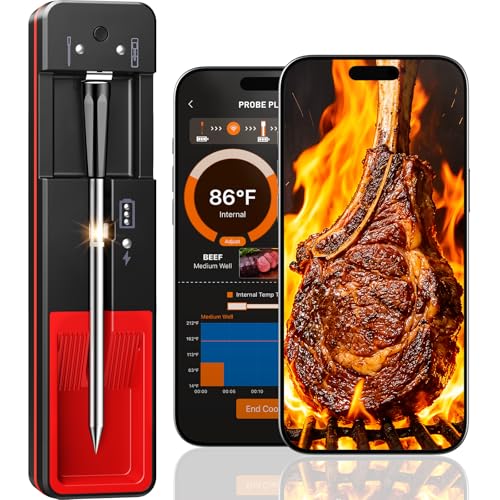 Smart Bluetooth Wireless Meat Thermometer Digital, 6 Accuracy Sensors, 0.5S Instant Read Food Thermometer, 2-in-1 100H Battery Fast Charge Base, APP Control & Custom Menu for BBQ, Grill, Smoker, Oven