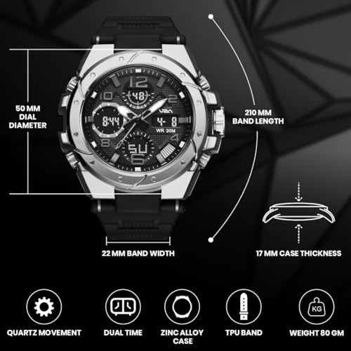 Image of V2A Styrke 5110 Analog Digital Watch for Men | Hybrid Multi Display Dial | Alarm Stopwatch Day Date 12 /24 Hr | TPU Strap | 30M Water Resistant