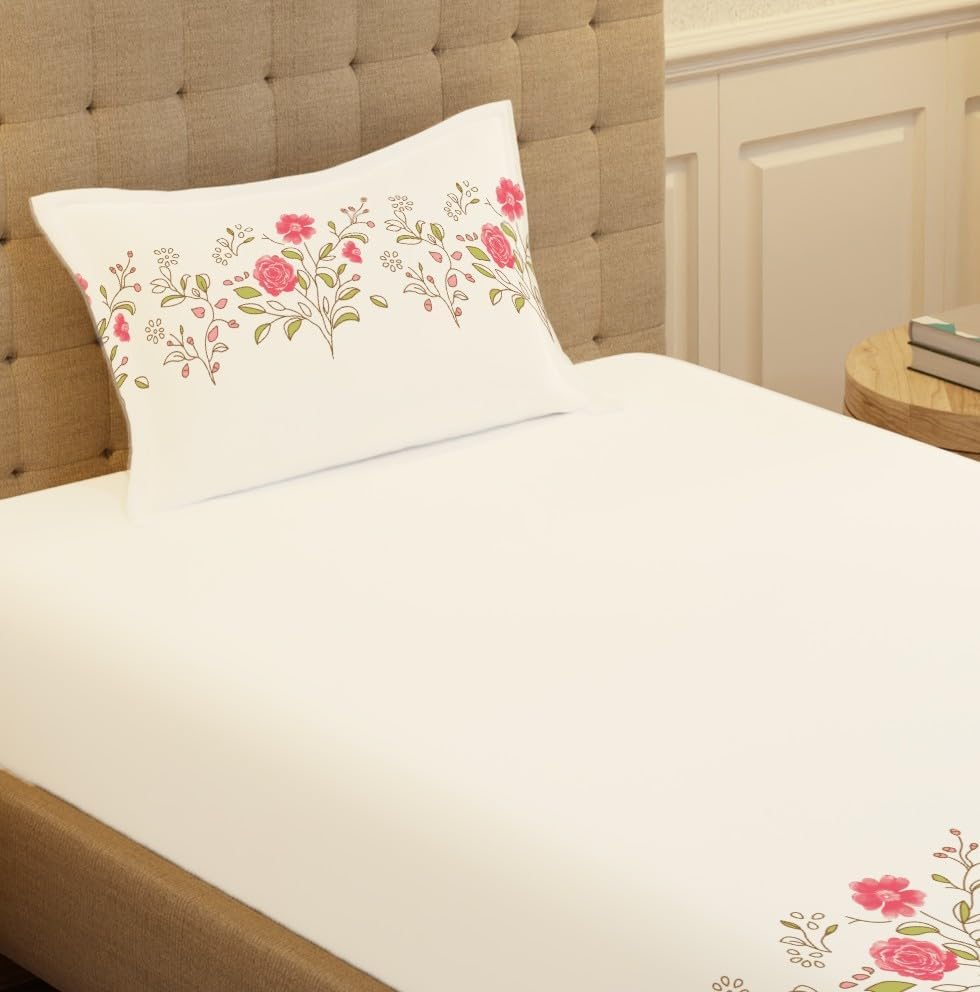 Urban Space 100% Cotton bedsheet for Single Bed, 200 TC Single Bed Sheet, Cotton bedsheet with 1 Pillow Cover (58 x 90 inches, Poppy Bloom)