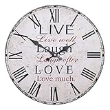 Küchen-Wanduhr aus Holz mit einem großen Zifferblatt aus MDF, Retro-Wanduhr in trendigem Design, leises Quarzuhrwerk, Ø: 32 cm Live Laugh Love