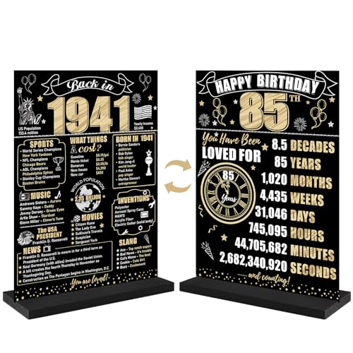 85th Birthday Decorations Back in 1941 Table Sign for Men Women Black Gold Happy 85 Bday Two-Sided Wooden Table Poster with Stand Party Supplies Eighty-five Birthday Display Holder Decor