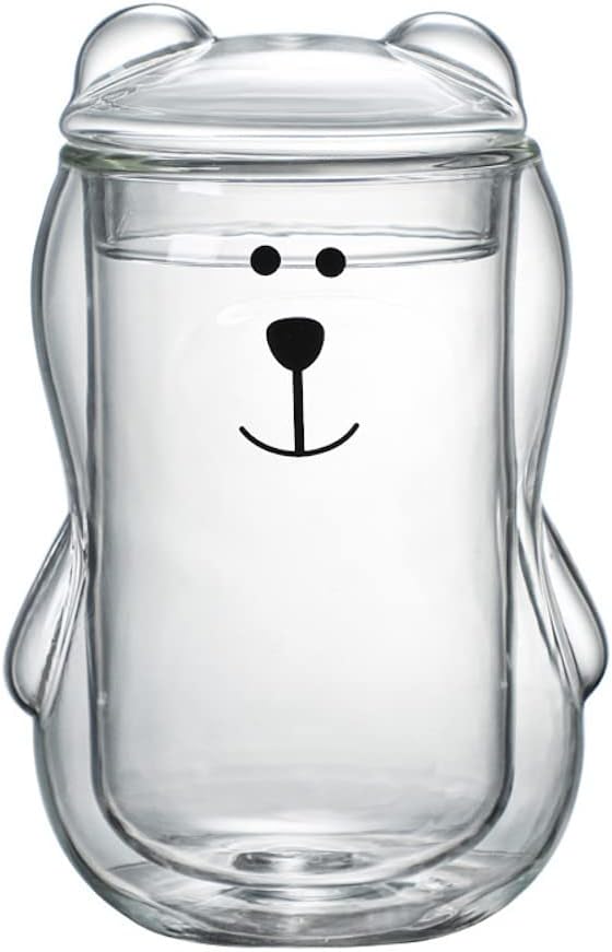 Double Walled Bear Glass Coffee Mug with Lid 14oz Cute Standing Bear Borosilicate Glass Mug for Coffee Tea Milk Beer Insulated Glass Espresso Cup Creative Birthday Gifts for Kids Adults (Amber)