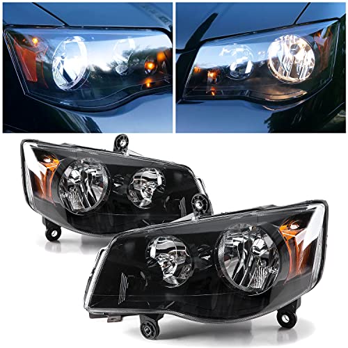 ECOTRIC Pair Headlights Compatible with 2011-2020 Dodge Grand Caravan 08-16 Chrysler Town & Country Black Housing Headlamps(Driver Passenger)