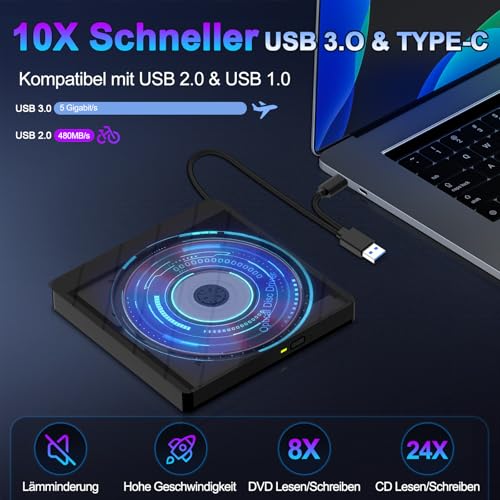 8-in-1 Externes DVD Laufwerk für Laptop CD Laufwerke Extern USB 3.0 Type-C mit 5 USB-Anschlüsse 2 TF/SD-Kartenleser Optische Brenner Reader Player für PC MacBook iMac Windows 11 Vista Linux Mac OS