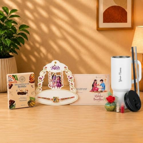 Image of Giftana Rakhi Gift Set for Brother, Personalized Coffee Tumbler 710ml, RadhaKrishna Rakhi with Brownie Brittle, Roli Chawal Set for Raksha Bandhan Gift for Brother, Bhai (White)