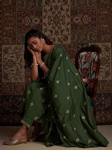Image of INDO ERA Women's Embroidered Poly Silk Kurta With Pant & Dupatta Set (IEOUT7099)