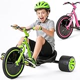 Drift Trike for Kids Ages 5+ 16' Front Wheel Ride-On with Adjustable Seat, Steel Frame, Rear Slick Drift Wheels & Safety Flag – Madd Gear Green Black