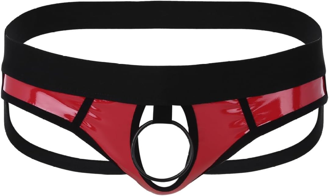 Men's Faux Leather Open Back Underwear Hollow Out Jockstrap Low Rise Bikini G-String Boxer Shorts