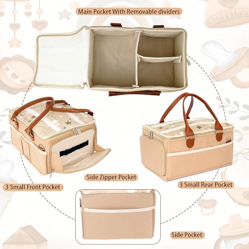 Image of Storite Diaper Caddy Organizer Bag with Lid & Detachable Shoulder Strap | Baby Essentials Storage Basket for Newborns | Multiple Compartments (Beige, 37x26x18 Cm) | Detachable Shoulder Strap, Baby Essentials Storage Basket for Newborns, Multiple Compartments