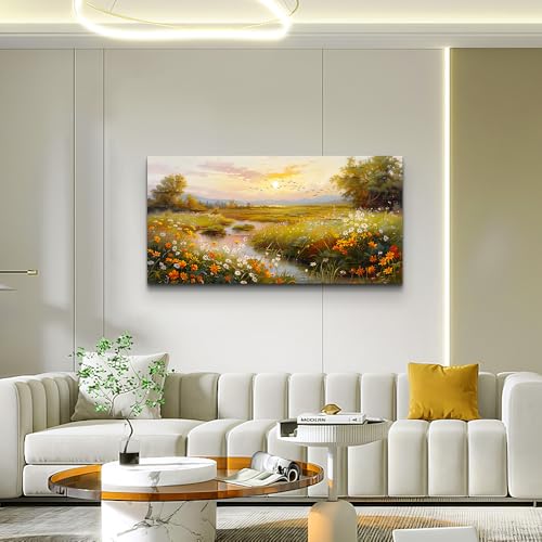 ERQINHUA Wall Art For Living Room Canvas Wall Decor For Bedroom Flower landscape Watercolour Painting Office Decoration Countryside Sunrise Scenery Wall Picture Ready To Hang Home Decor 20"X40"