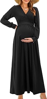Fall Maternity Maxi Dress Long Sleeve Wrap V Neck Baby Shower Pregnancy Dresses for Photoshoot Maternity Clothes - Buy now