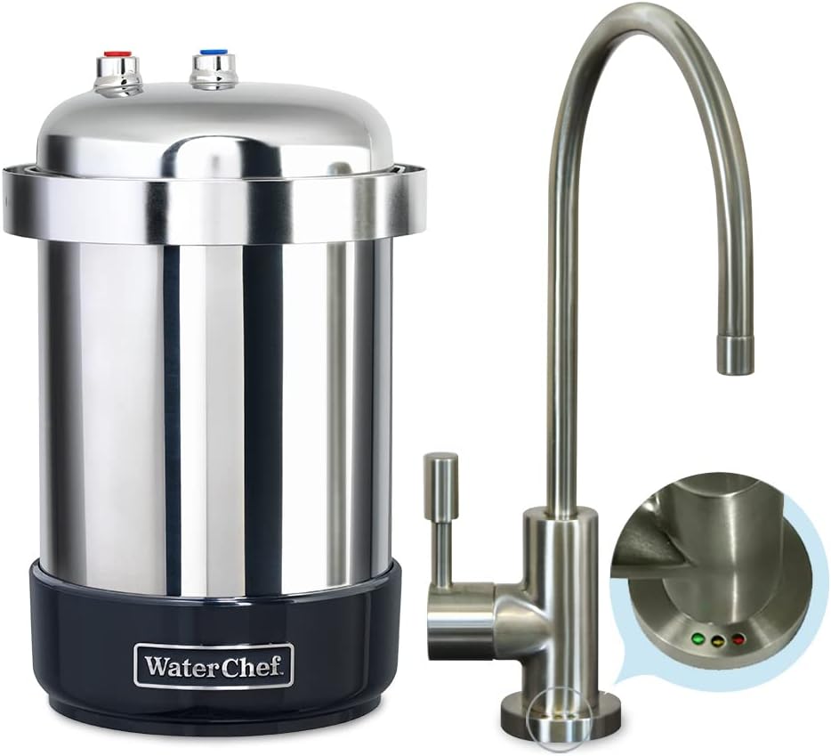 WaterChef U9000 Premium Under-Sink Water Filtration System w/Intelligent Monitor & Designer Series Faucet (Brushed Nickel), NSF/ANSI Certified for 78 Contaminants, 1,000 Gal., Stainless, Made in USA