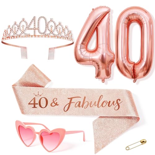 Anruzon Geburtstag Frau Deko, Geburtstag Krone und Schärpe, Rosa herzförmige Brille, Luftballons Rosegold, Geschenke für Frauen, Geburtstagsparty Deko Supplies