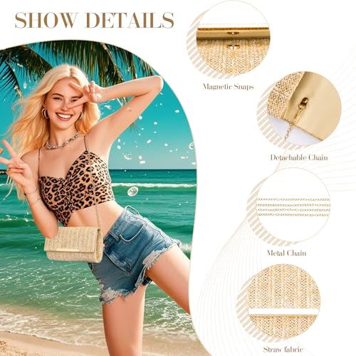 Image of Larcenciel Straw Clutch Purses for Women, Woven Beach Purse w /Chain, Summer Boho Evening Handbag for Wedding, Prom, Vacation