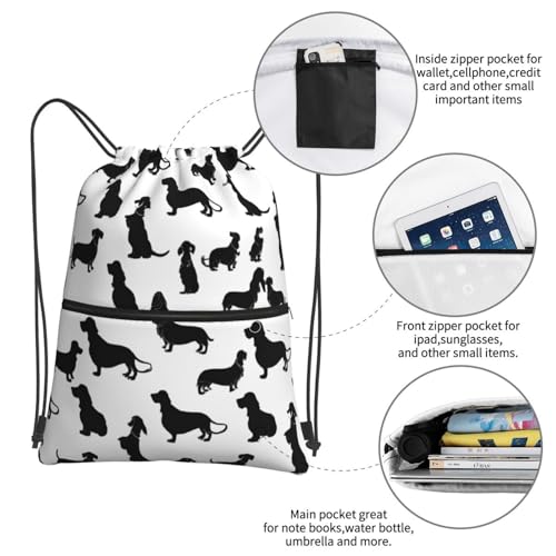 JAYWIS Black Dogs Rucksack mit Dackel-Motiv, mit Kordelzug, mit Reißverschlusstaschen, wasserabweisend, leicht, für Wandern und Fitnessstudio, verstellbare Träger, kompakt