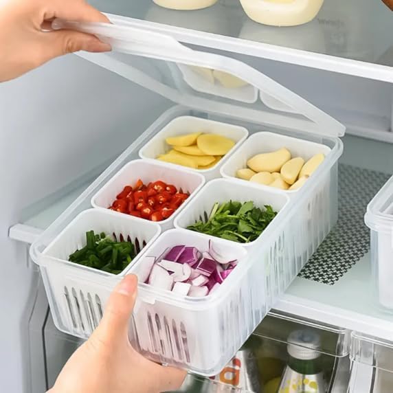 Fridge Storage Boxes Freezer Storage Containers | Kitchen Storage Container Set | Vegetable & Fruit Storage with Drain Basket | Refrigerator Food Crisper Box (W- Storage Containers, 6)