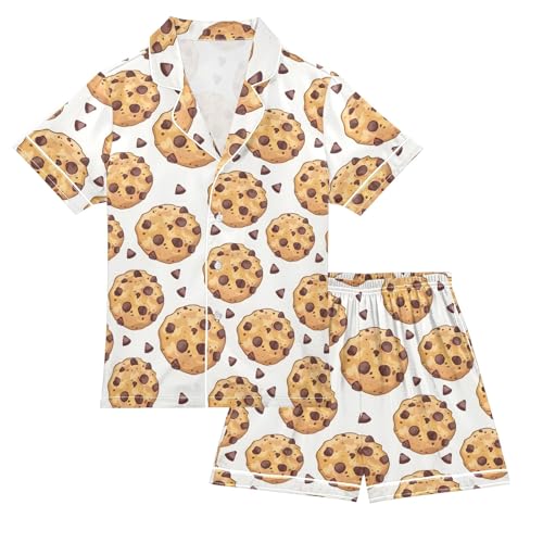 Chocolate Chip Cookies Prints Summer Satin Pajama Set, Cute Button-Down Sleepwear Pj Set for Sleep Wears