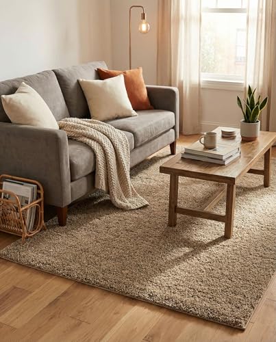 Rugs.com - Soft Solid Shag Collection Rug – 5' 1 x 8' Khaki Shag Rug – Plush Cozy Pile, Perfect for Bedrooms, Living Rooms & Home Offices