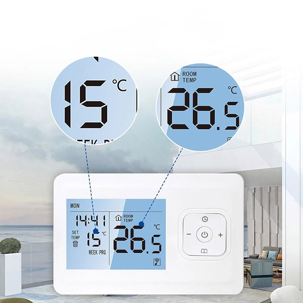 Termostato inteligente, modos manuales y automáticos, precisión de 1 °C, ajustes programables semanales, función de bloqueo infantil, adecuado para calderas y sistemas de calefacción de agua
