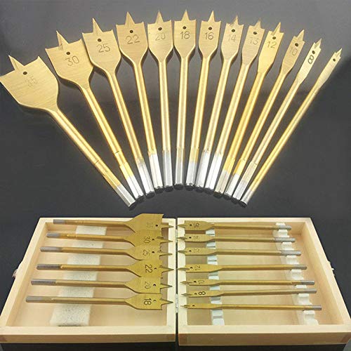 Lot de 13 forets à bois plats (6-35 mm) avec tige hexagonale de 6 mm + boîte à bois pour perceuses électriques, perceuses rechargeables