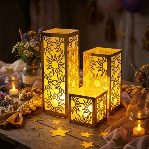 Image of Rossesay 24 Pcs Princess Sun Centerpieces for Table Decorations 3 Size Purple Princess Birthday Paper Lantern Boxes with Tea Lights Candles Table Ideas Decorations for Sun Birthday Party
