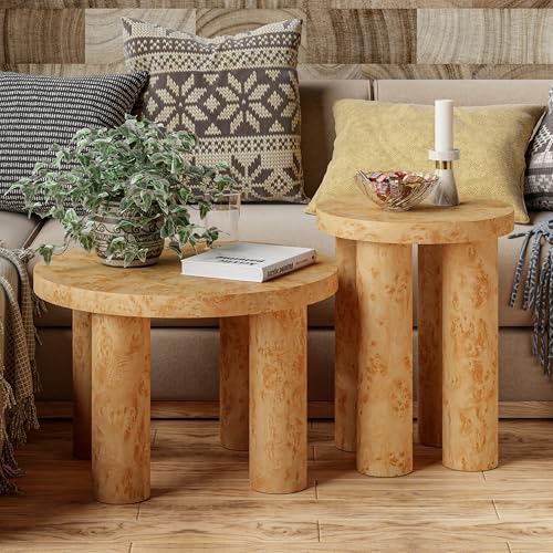 Aoikax Farmhouse Wood Round Coffee Table Set of 2 with Burl Finish, Rustic Modern Nesting Tables...