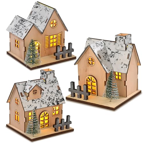 Fancysky 3 Stück Weihnachtsdorf mit Beleuchtung, LED Weihnachtshaus...