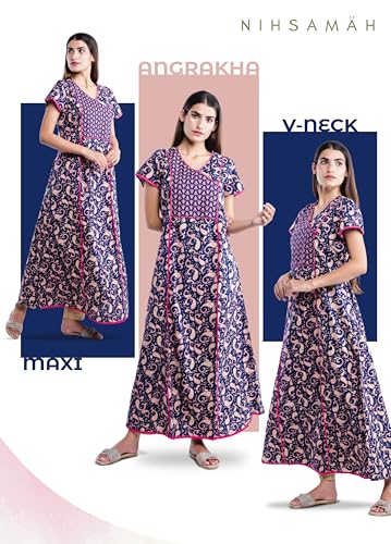 Image of NIHSAMAH Cotton Night Gown for Women - Angrakha Style Nighty, Comfortable Sleepwear /Nightwear /Maxi