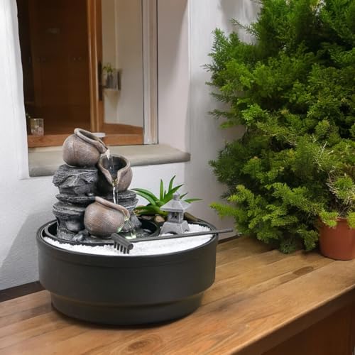 Zimmerbrunnen für den Garten, Zen, Wasserfall, Glas, buntes LED-Licht, Dekoration für entspannte Atmosphäre, Garten, Zen weißer Sand, Tischbrunnen, geschlossener Kreislauf, H21 cm – Oasis Zen'Light