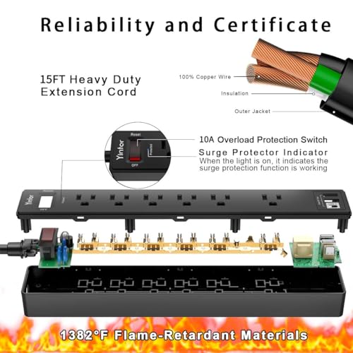 Image of 15Ft Power Strip Surge Protector - Yintar Extension Cord with 6 AC Outlets and 3 USB Ports for Home, Office, Dorm Essentials, 1680 Joules, ETL Listed, Black