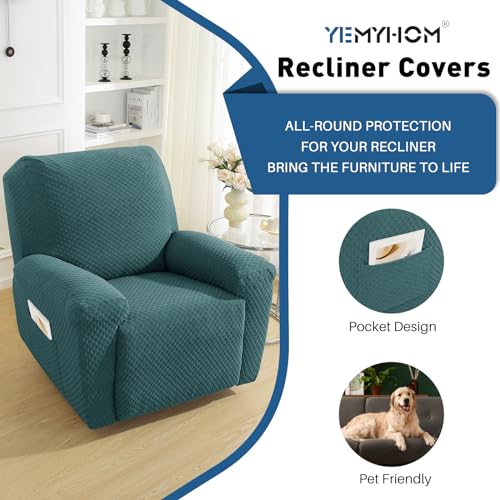 Image of YEMYHOM 4 Pieces Oversized Stretch Recliner Slipcover Jacquard Large Recliner Chair Cover with Side Pocket Anti-Slip Fitted Furniture Protector (X-Large Recliner, Peacock Blue)