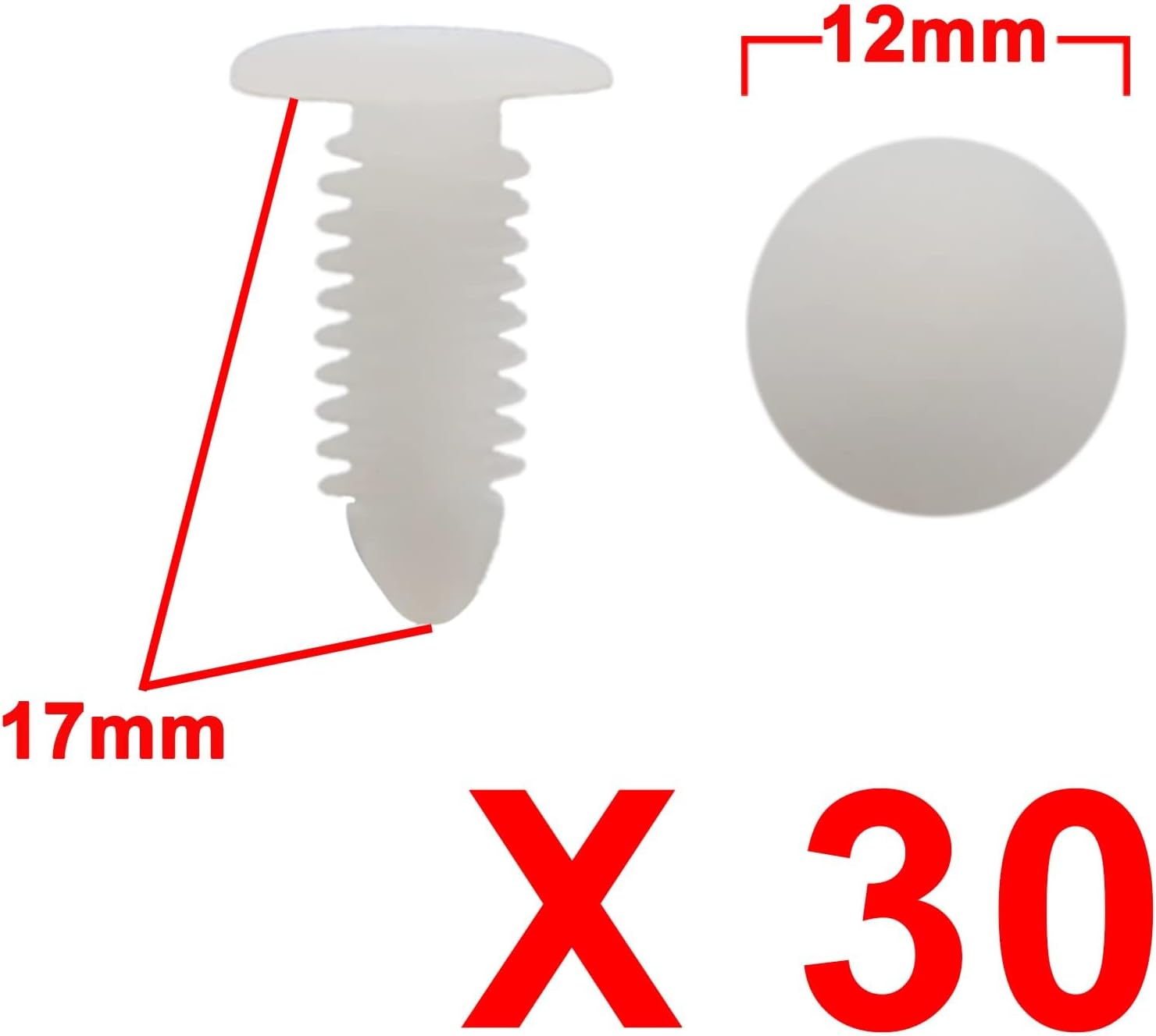 30Pcs White Plastic Rivets Splash Guard Fastener Push Type Clips 7.5 x 6.5mm